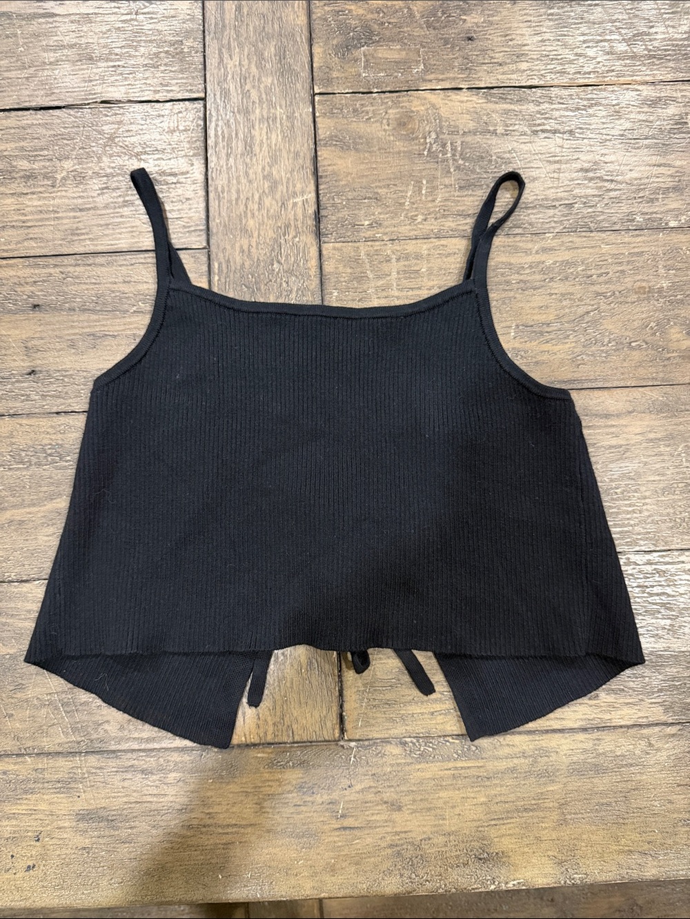 Kendall and Kylie Black Ribbed Spaghetti Strap Crop Top